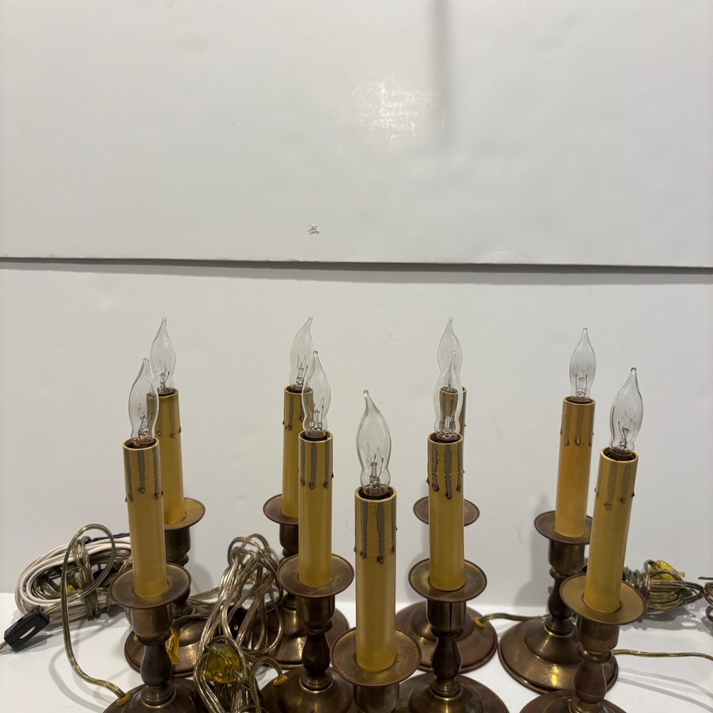 Vintage Electric Window Candles Set of 9 Brass Base Faux Drip Colonial Holiday